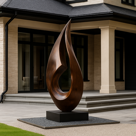 Large Outdoor Solid Wood Flame Sculpture with Plinth for Gardens, Courtyards, and Modern Landscapes
