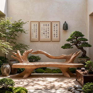 Handcrafted Outdoor Solid Wood Bench with Sculptural Branch Backrest