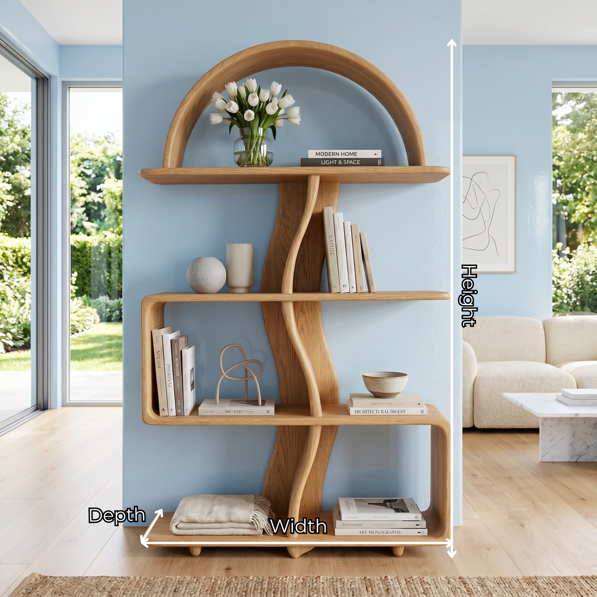 Organic Solid Wood Bookshelf with Arched Frame and Open Shelves