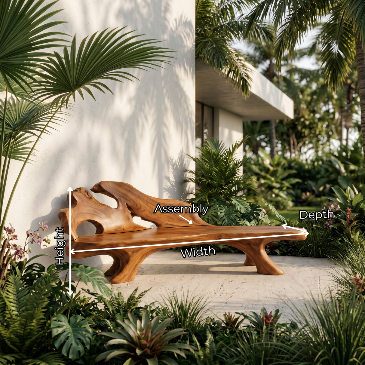 Solid Wood Outdoor Bench with Sculptural Backrest and Hollow Carved Details