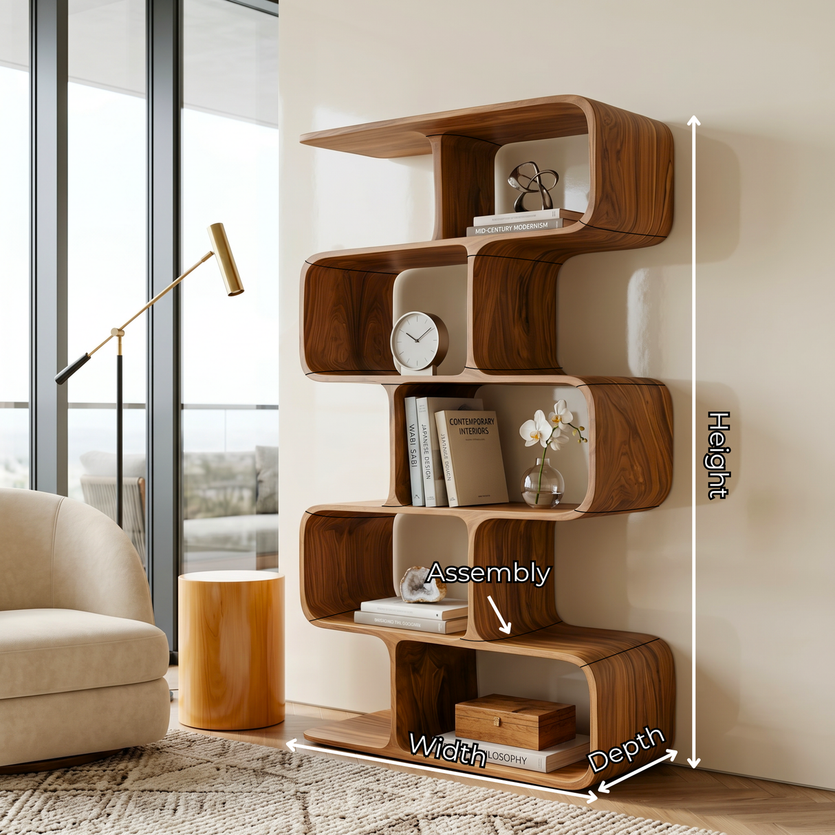 Organic Solid Wood Bookshelf with Staggered Rounded Compartments