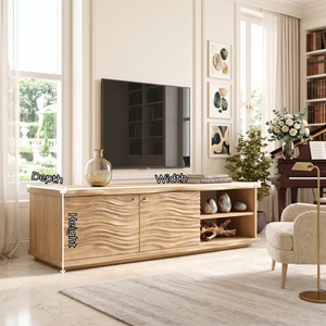 Organic Solid Wood TV Console with Wave Carved Doors and Open Shelves
