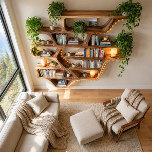 Organic Solid Wood Wall Mounted Bookshelf with Flowing Open Display Shelves