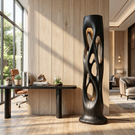 Sculptural Solid Wood Floor Lamp with Illuminated Openwork Column and Organic Cutout Design