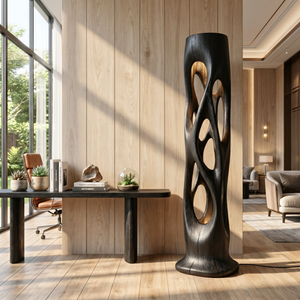 Sculptural Solid Wood Floor Lamp with Illuminated Openwork Column and Organic Cutout Design