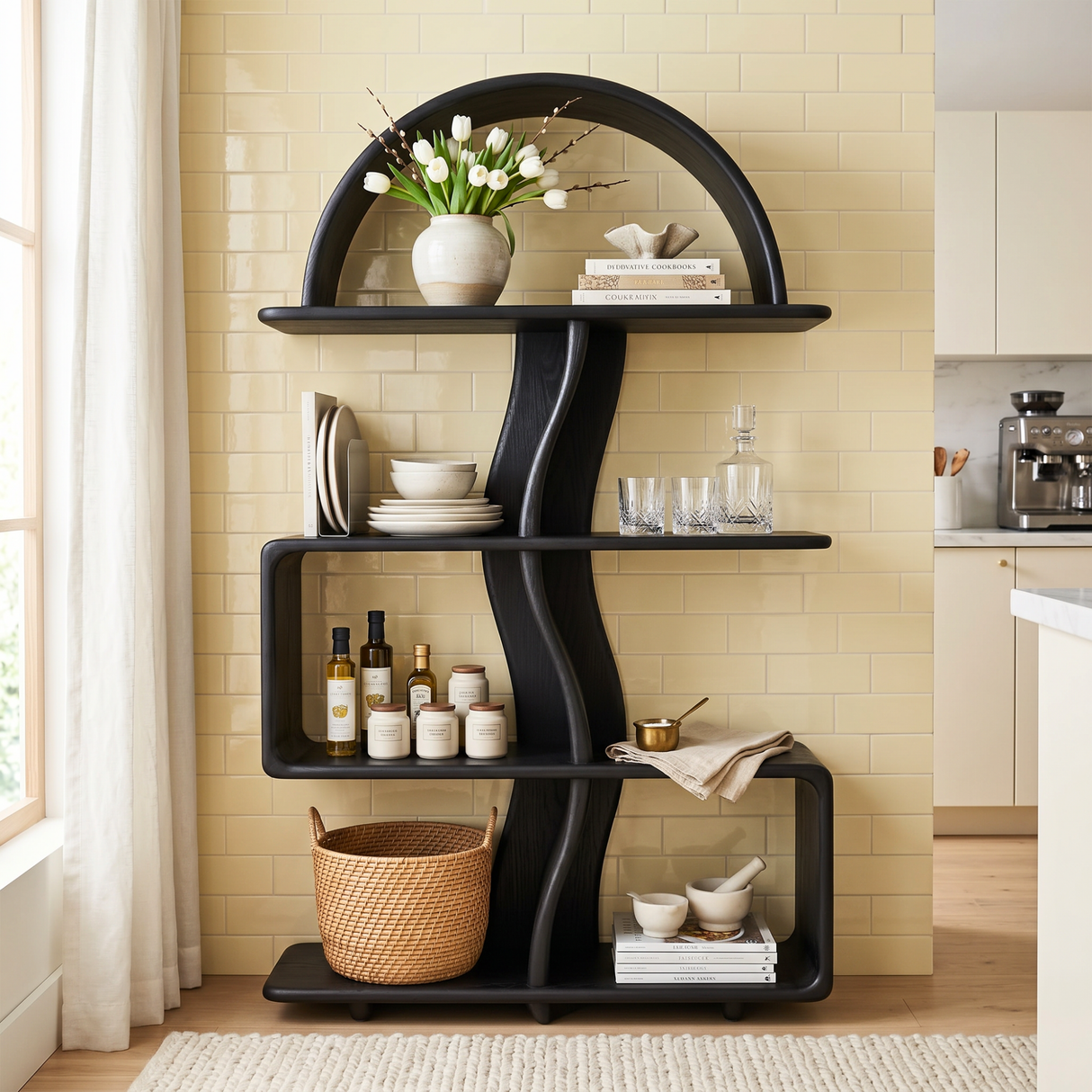 Organic Solid Wood Bookshelf with Arched Frame and Open Shelves