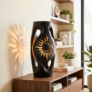 Sunburst Cutout Wood Floor Lamp with Warm Glow