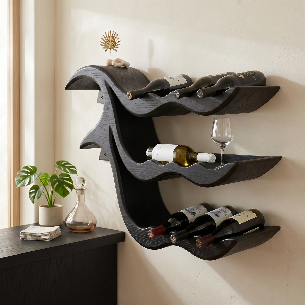 Wall-Mounted Solid Wood Wave Wine Bottle Rack