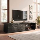Organic Solid Wood TV Console with Wave Carved Doors and Open Shelves