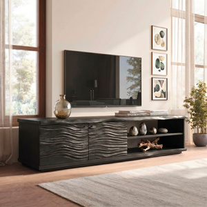 Organic Solid Wood TV Console with Wave Carved Doors and Open Shelves