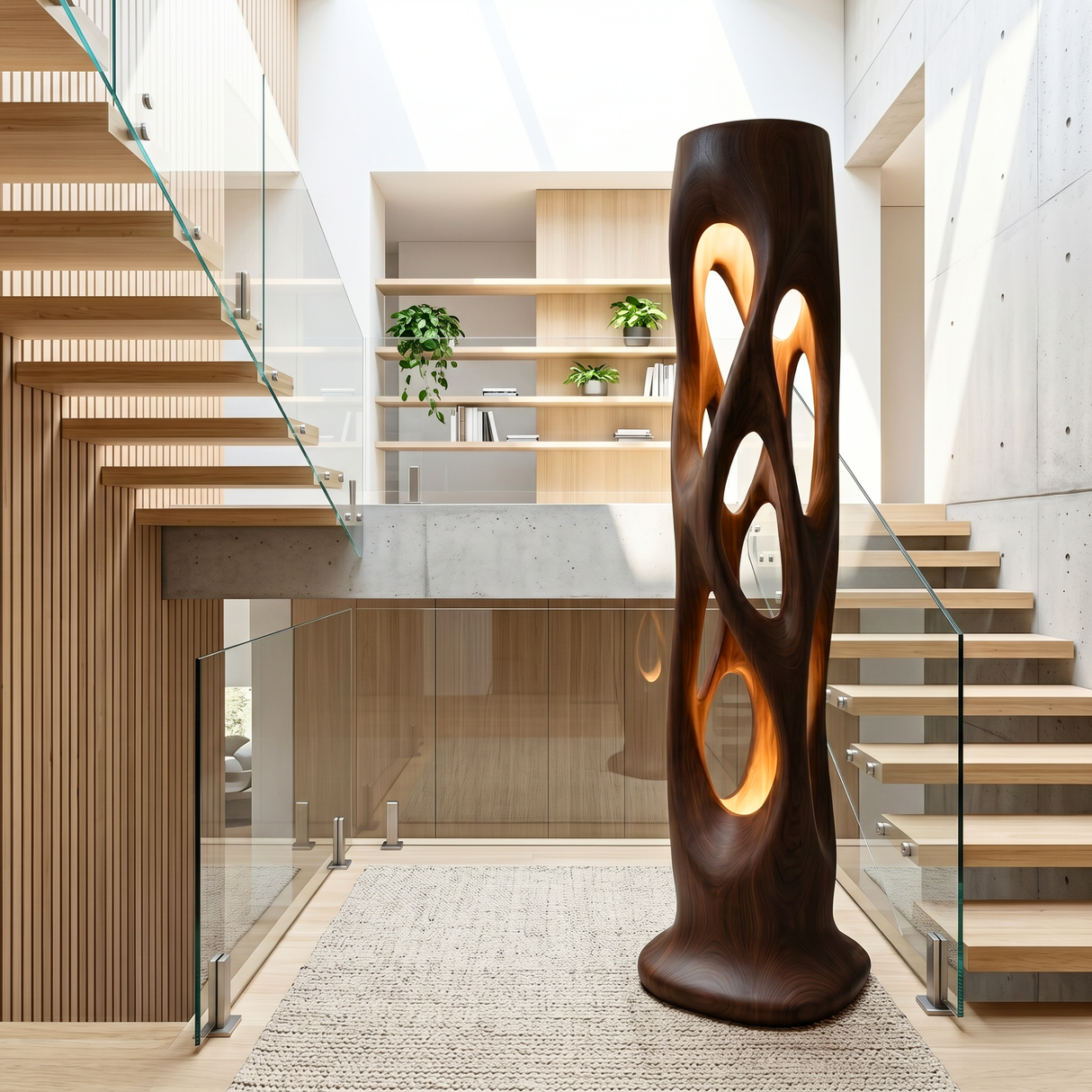 Sculptural Solid Wood Floor Lamp with Illuminated Openwork Column and Organic Cutout Design