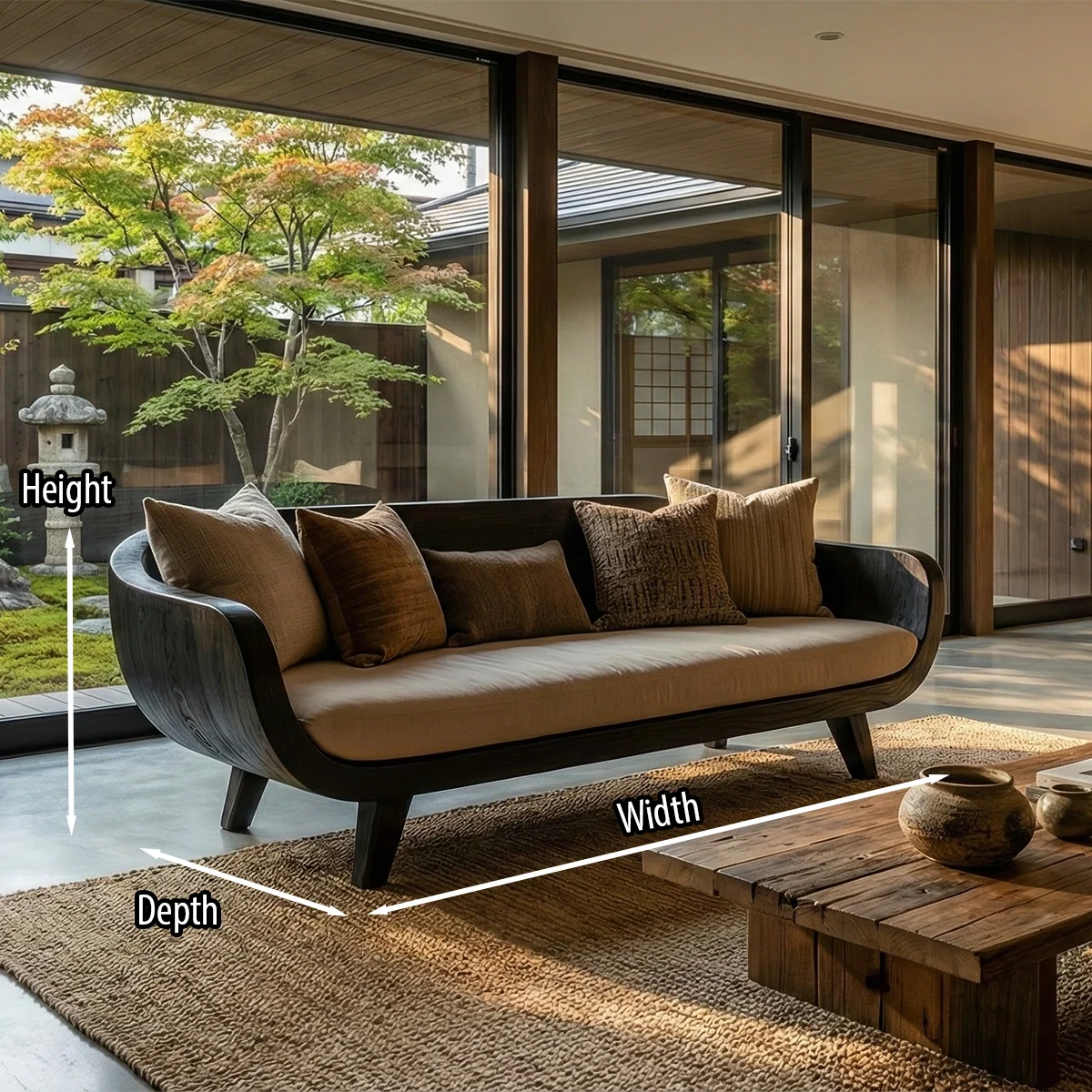 Curved Solid Wood Sofa Japanese Modern Sculptural Couch with Linen Cushion