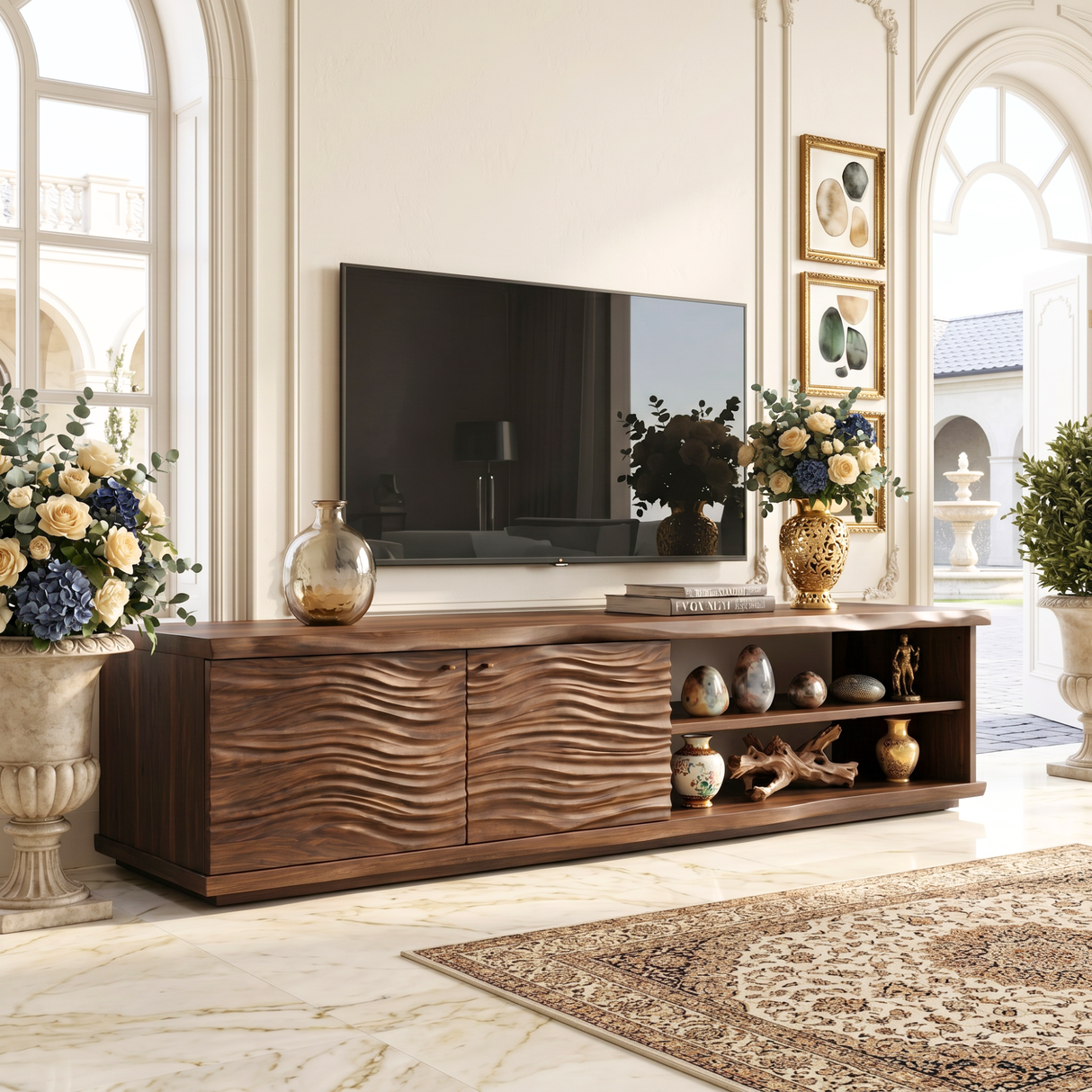 Organic Solid Wood TV Console with Wave Carved Doors and Open Shelves