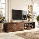 Organic Solid Wood TV Console with Wave Carved Doors and Open Shelves