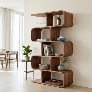 Organic Solid Wood Bookshelf with Staggered Rounded Compartments