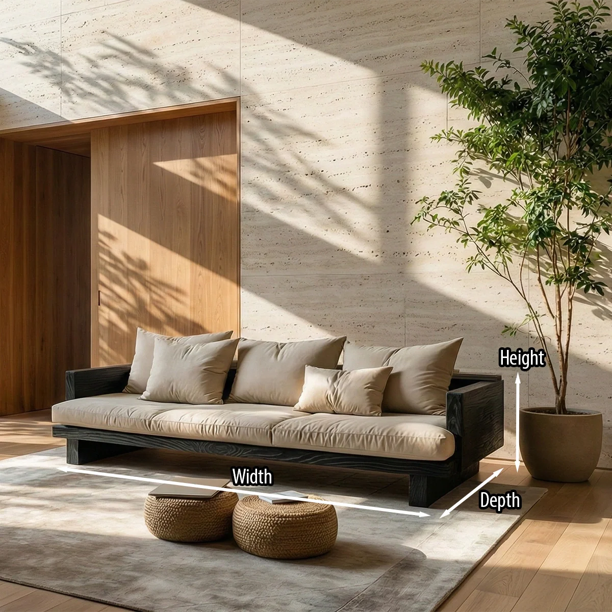 Low Profile Solid Wood Sofa with Linen Cushions for Zen Modern Living