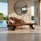 Solid Wood Outdoor Bench with Sculptural Backrest and Hollow Carved Details