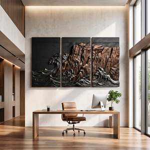 Carved Wood Ocean Cliff Triptych Wall Art