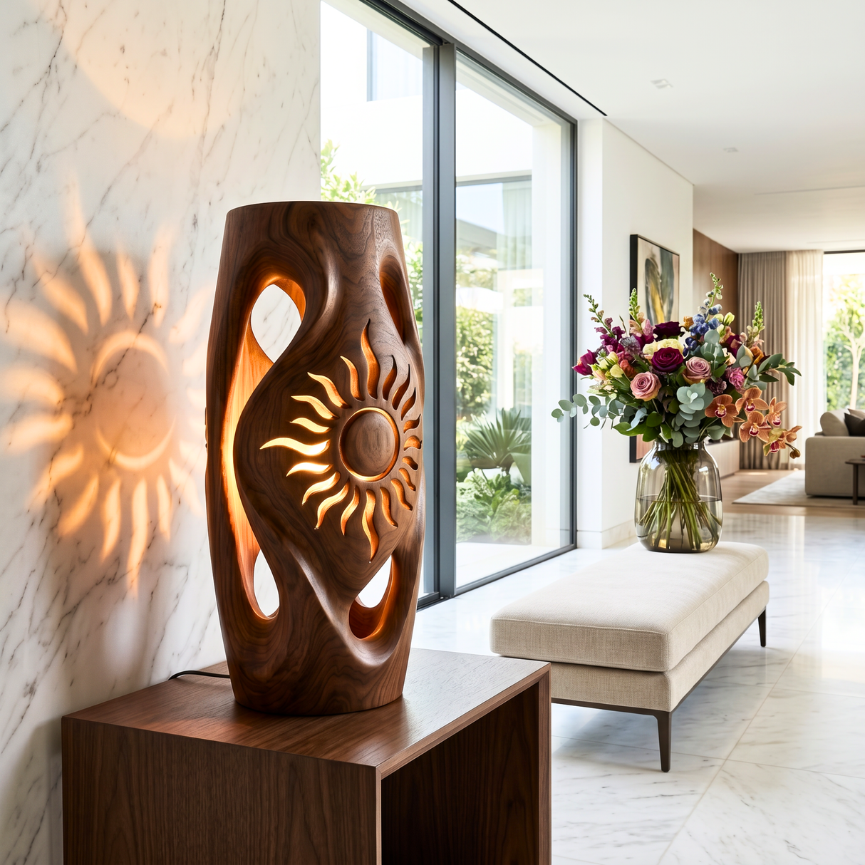 Sunburst Cutout Wood Floor Lamp with Warm Glow