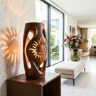 Sunburst Cutout Wood Floor Lamp with Warm Glow