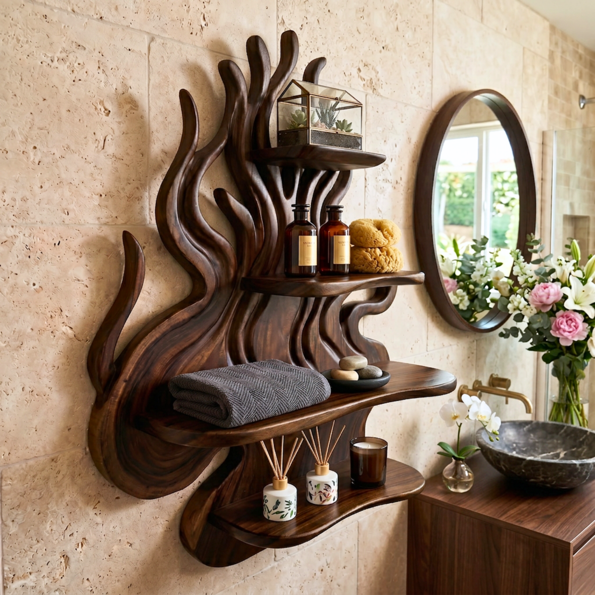 Organic Branch Wood Wall Shelf for Kitchen Storage