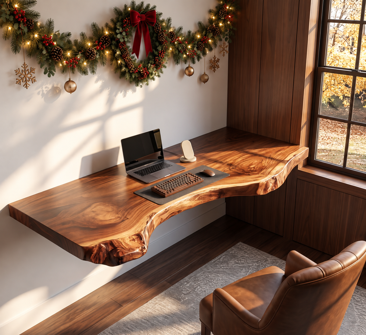 Floating Live Edge Solid Wood Desk For Modern Home Office