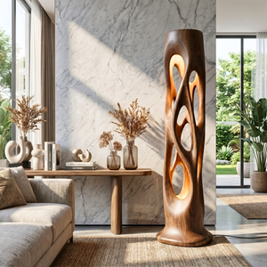 Sculptural Solid Wood Floor Lamp with Illuminated Openwork Column and Organic Cutout Design