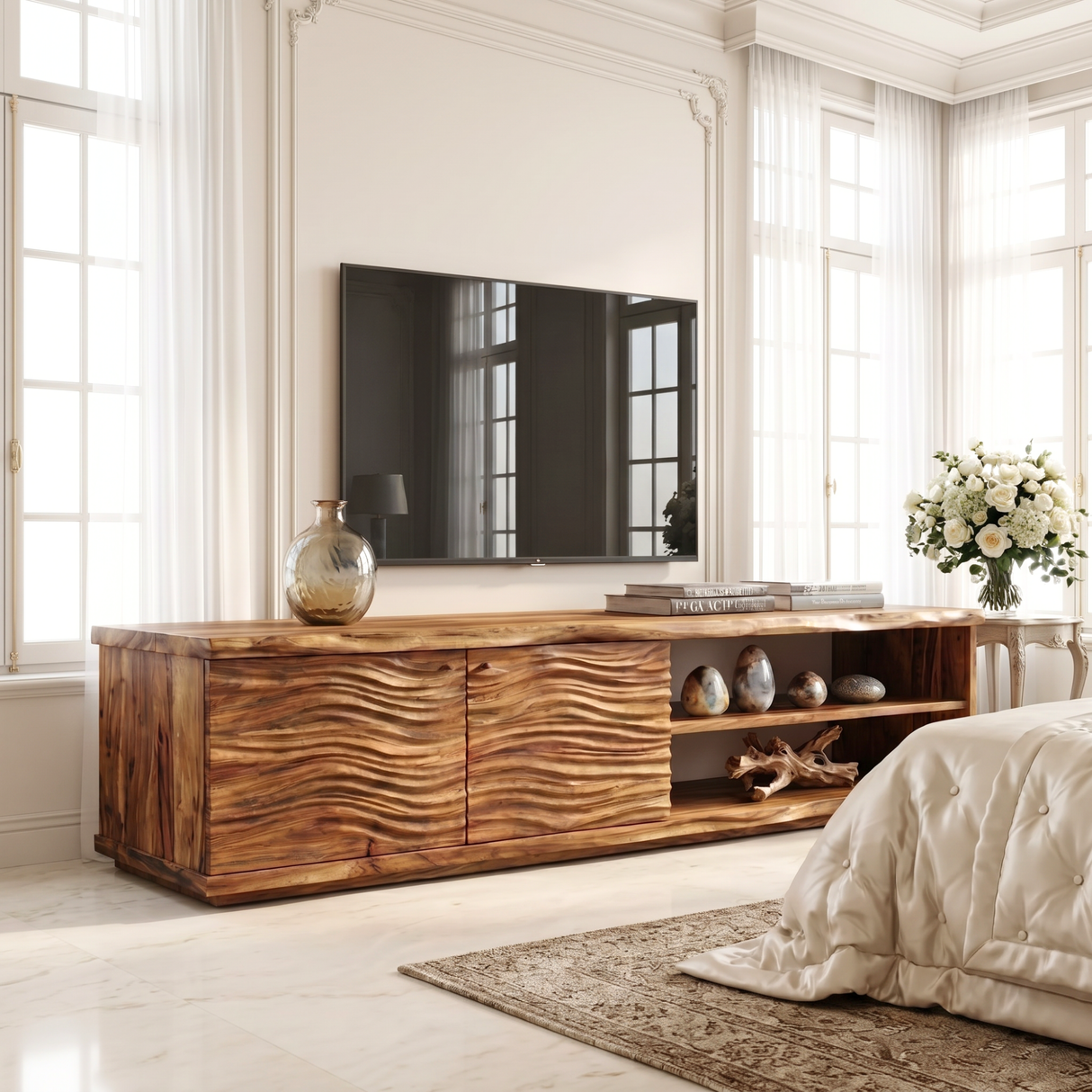 Organic Solid Wood TV Console with Wave Carved Doors and Open Shelves
