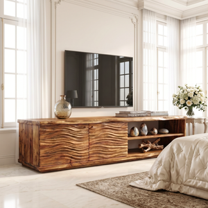 Organic Solid Wood TV Console with Wave Carved Doors and Open Shelves