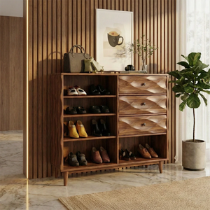 Modern Solid Wood Shoe Storage Cabinet with Drawers and Open Shelves Mid-Century Entryway Organizer