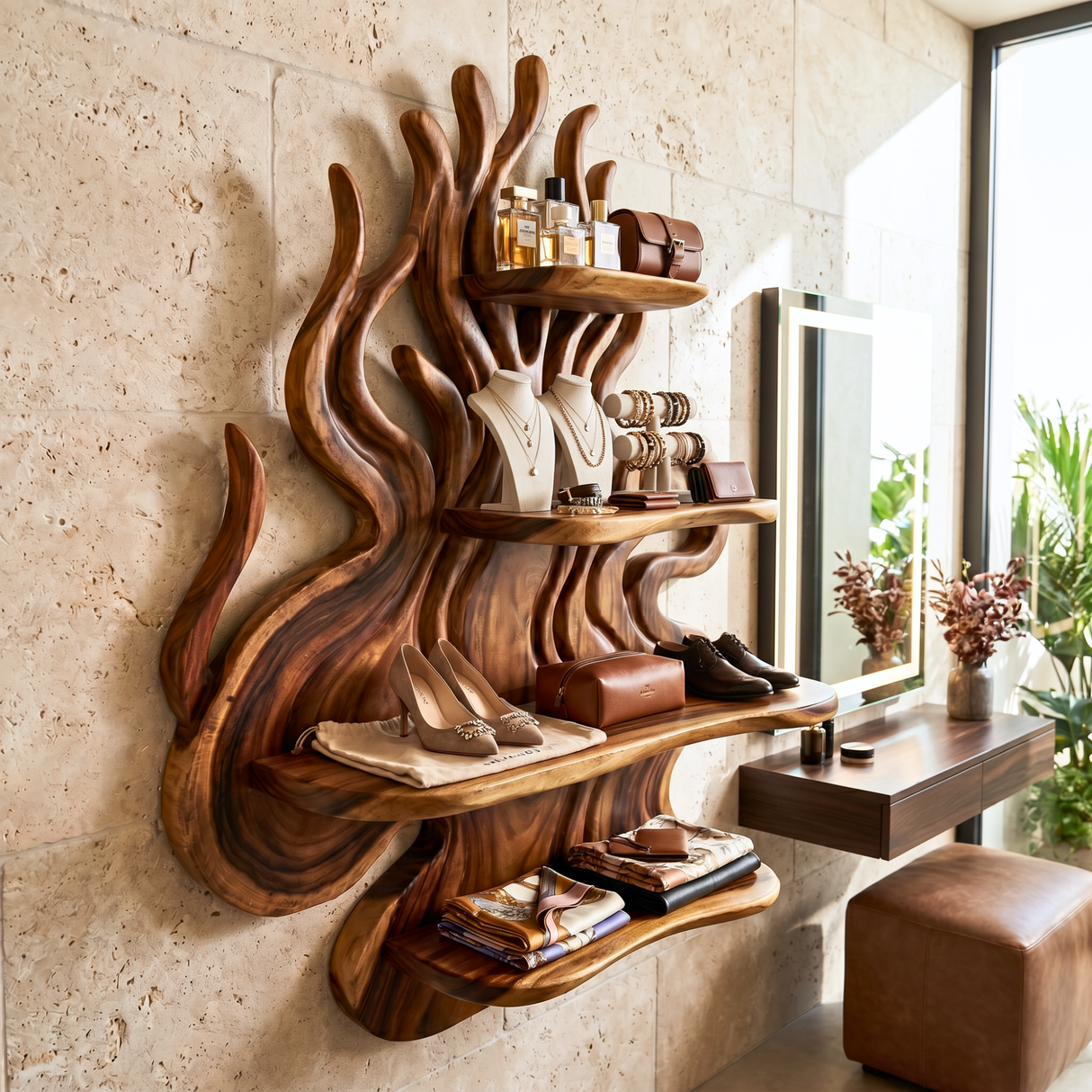 Organic Branch Wood Wall Shelf for Kitchen Storage