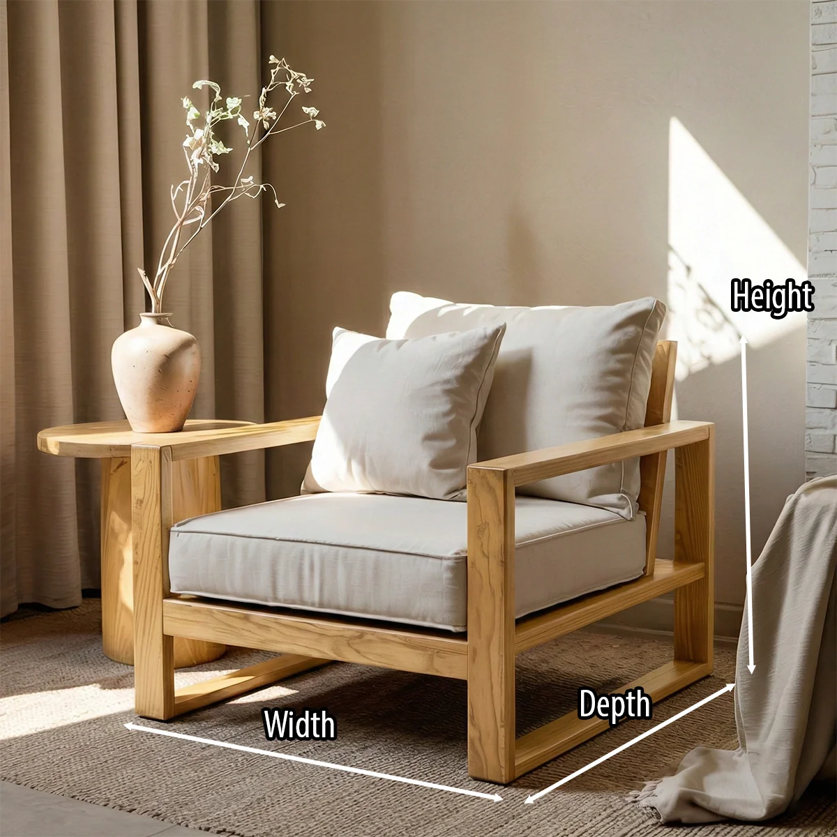 Solid Wood Lounge Chair with Cushion Handmade Wooden Armchair