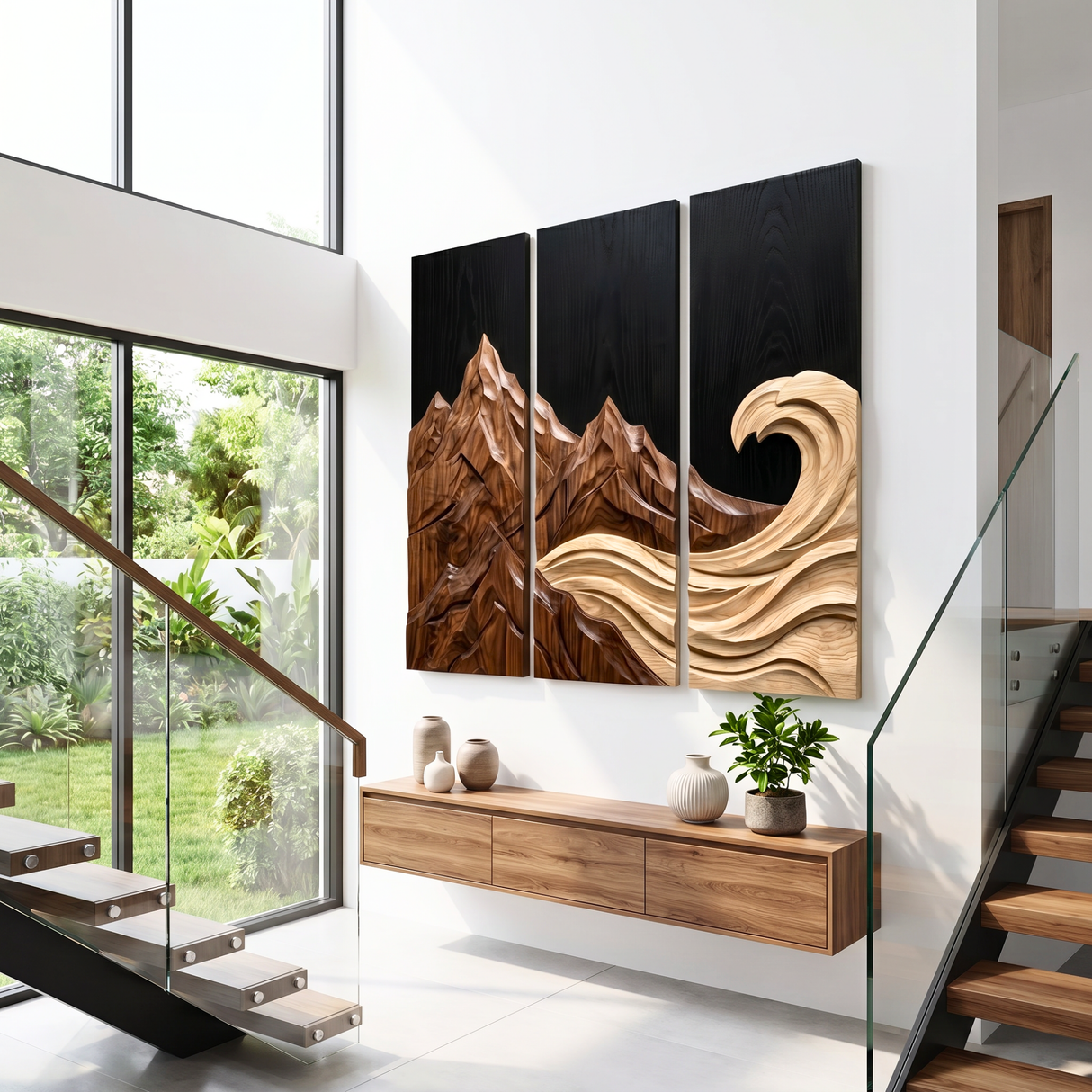 Mountain Wave Triptych Wood Wall Sculpture
