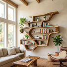 Organic Solid Wood Wall Mounted Bookshelf with Flowing Open Display Shelves