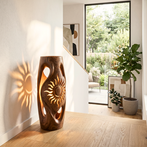 Sunburst Cutout Wood Floor Lamp with Warm Glow