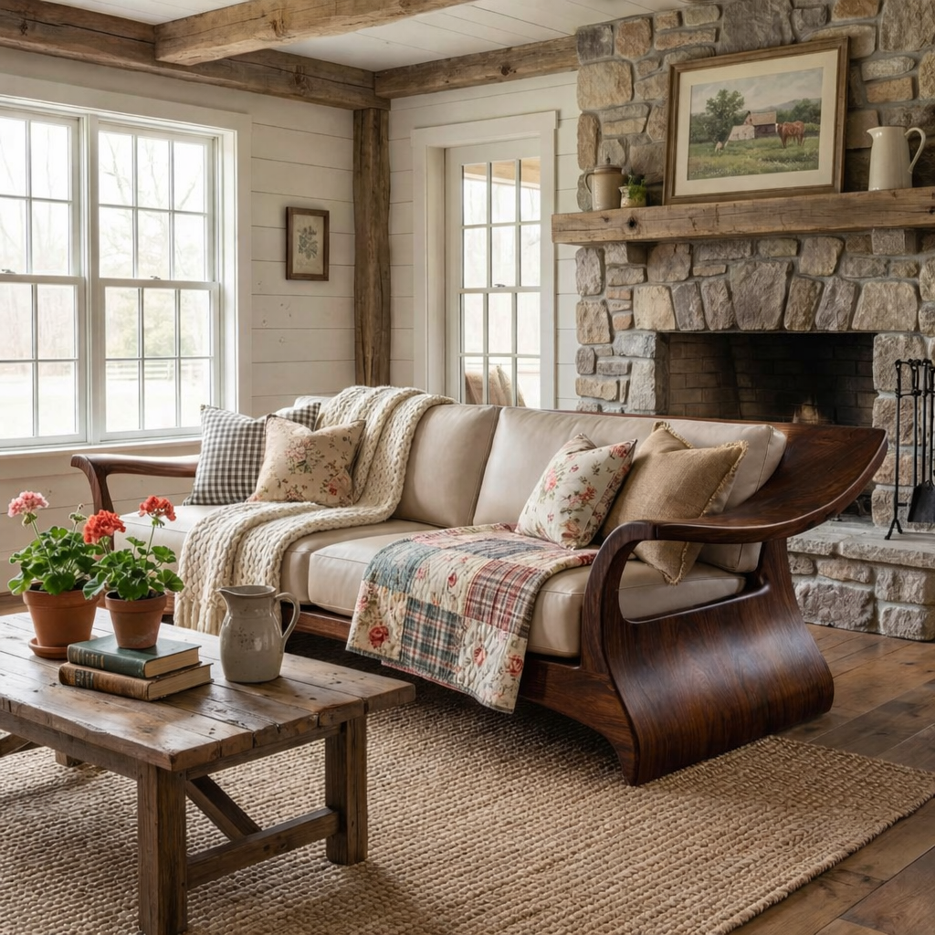 Handcrafted Solid Wood Sofa Frame with Sculptural Arms for Living Room