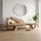 Solid Wood Outdoor Bench with Sculptural Backrest and Hollow Carved Details