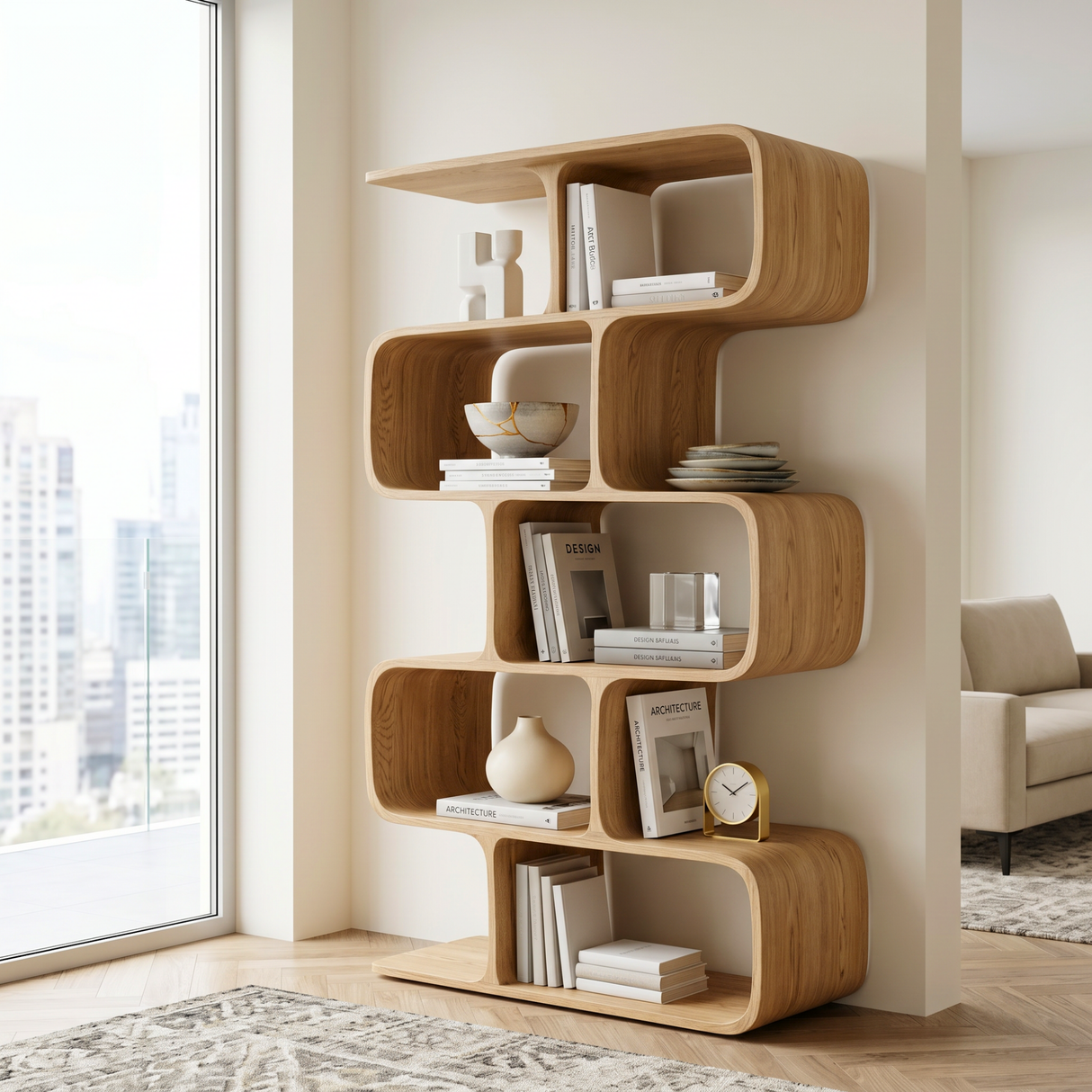 Organic Solid Wood Bookshelf with Staggered Rounded Compartments