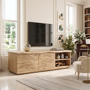 Organic Solid Wood TV Console with Wave Carved Doors and Open Shelves