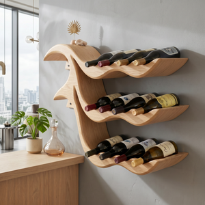 Wall-Mounted Solid Wood Wave Wine Bottle Rack