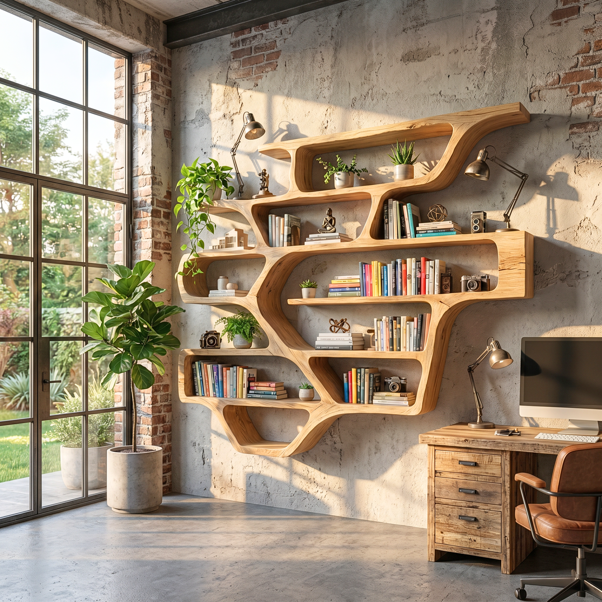 Organic Solid Wood Wall Mounted Bookshelf with Flowing Open Display Shelves