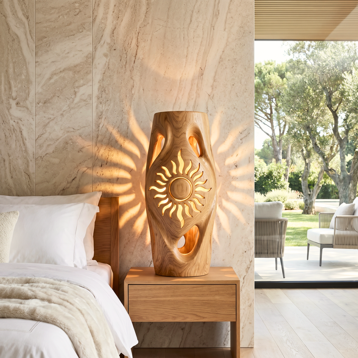 Sunburst Cutout Wood Floor Lamp with Warm Glow