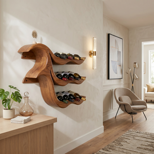 Wall-Mounted Solid Wood Wave Wine Bottle Rack
