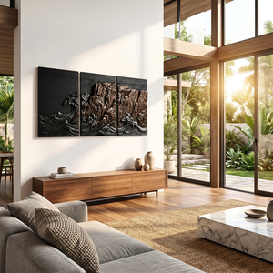 Carved Wood Ocean Cliff Triptych Wall Art