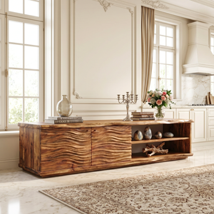 Organic Solid Wood TV Console with Wave Carved Doors and Open Shelves