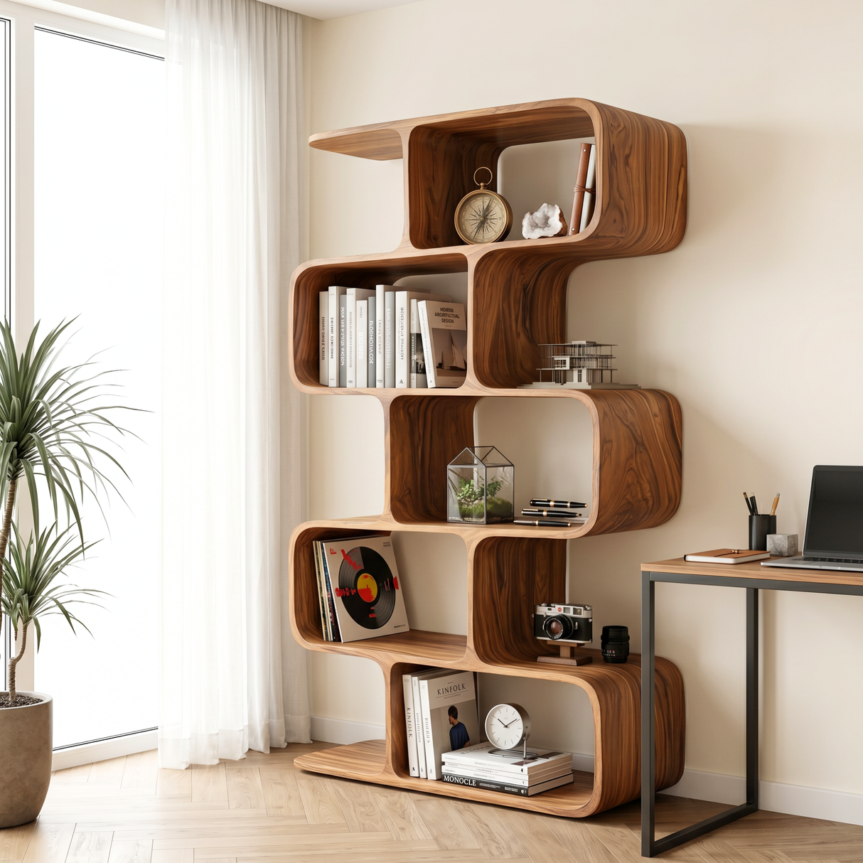 Organic Solid Wood Bookshelf with Staggered Rounded Compartments
