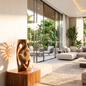 Sunburst Cutout Wood Floor Lamp with Warm Glow