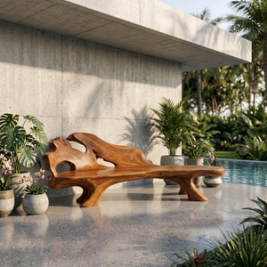Solid Wood Outdoor Bench with Sculptural Backrest and Hollow Carved Details