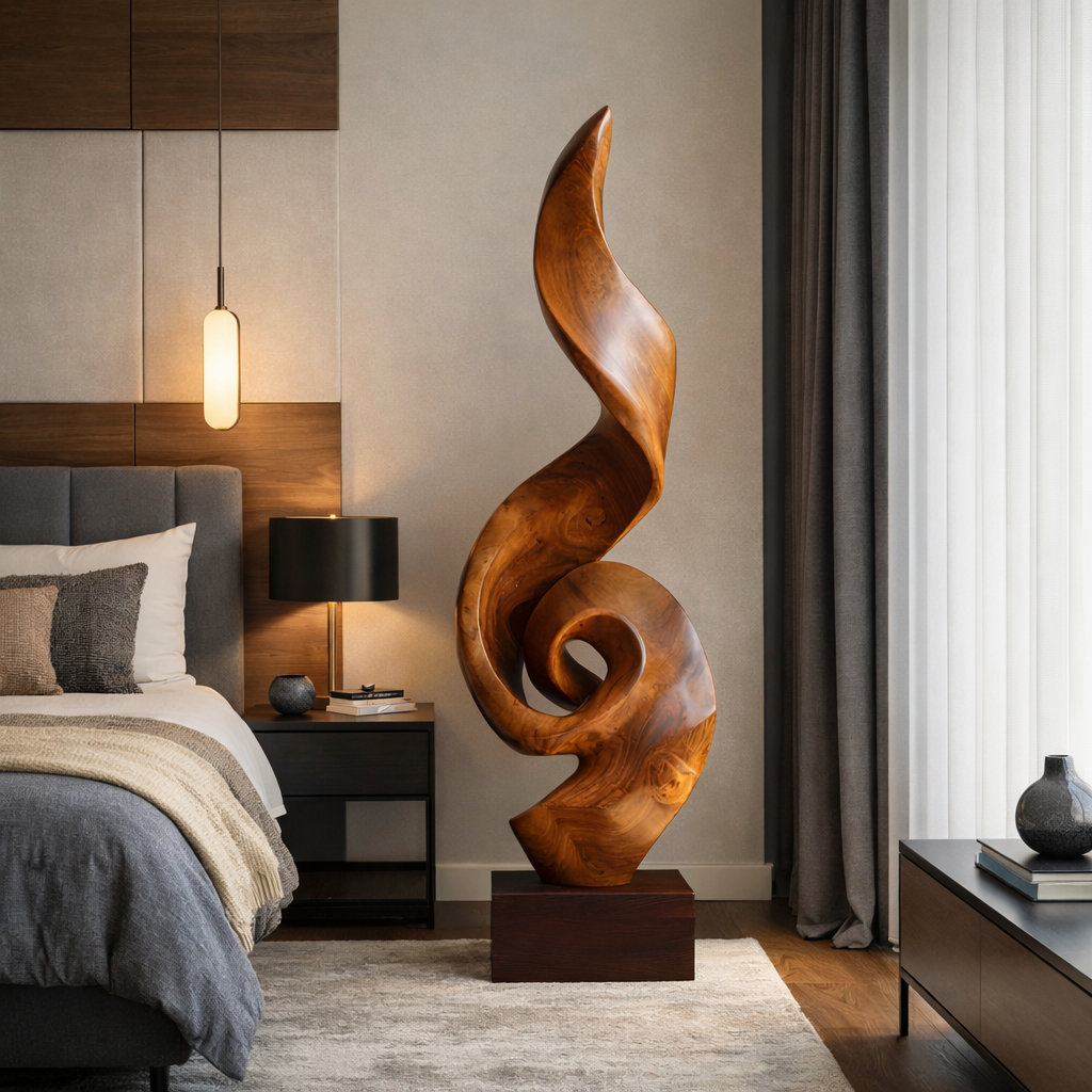 Tall Solid Wood Spiral Flame Sculpture with Plinth for Modern Interiors