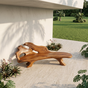 Solid Wood Outdoor Bench with Sculptural Backrest and Hollow Carved Details